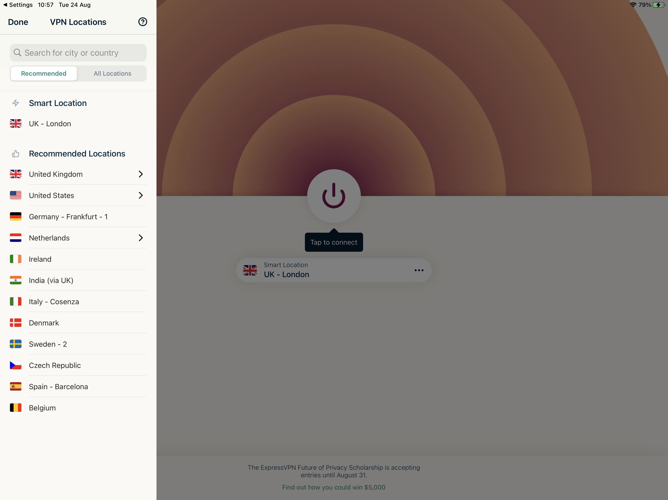 Screenshot of the iOS app showing server choice